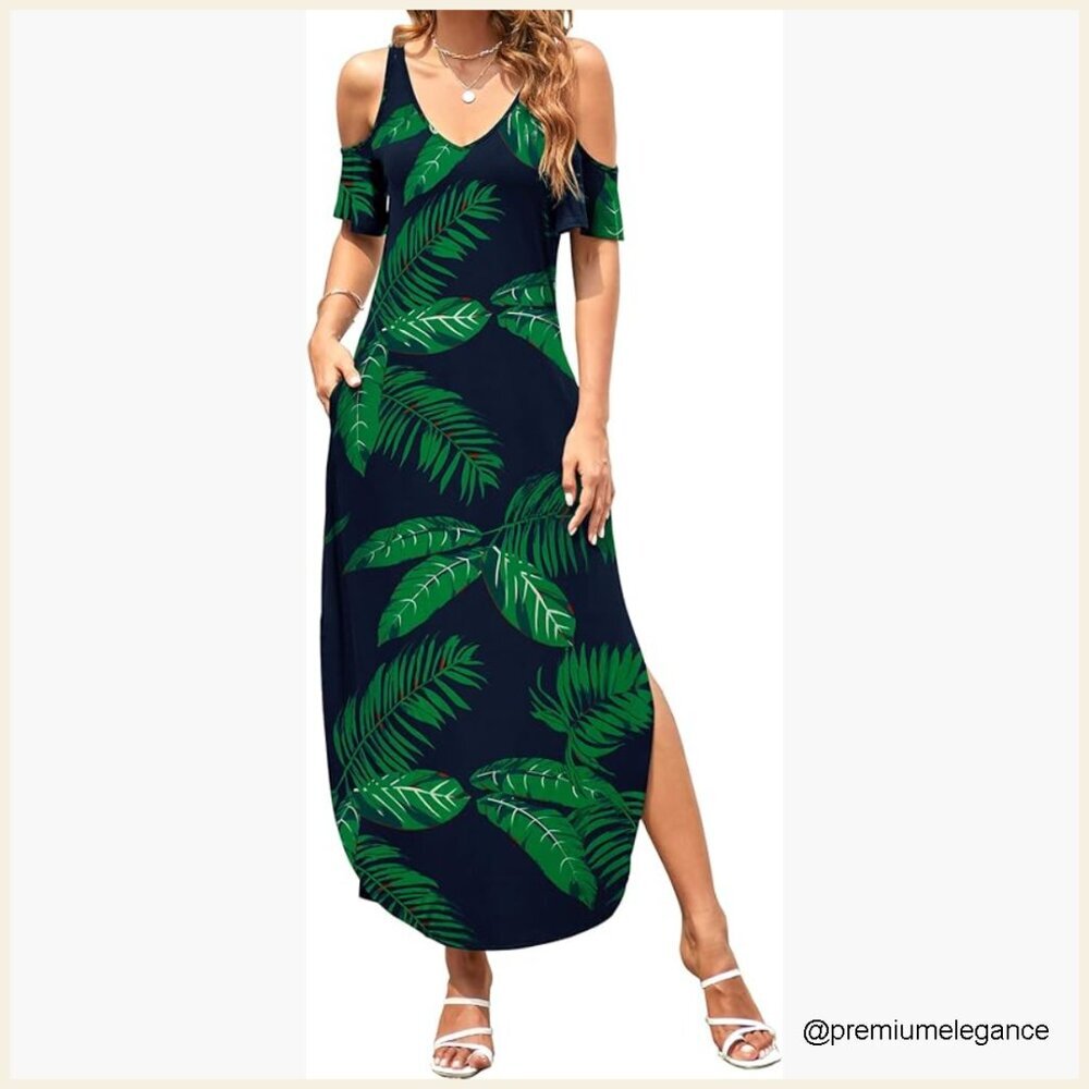 Women's Summer Maxi Dress V Neck Cold Shoulder Loose Fit with Pockets